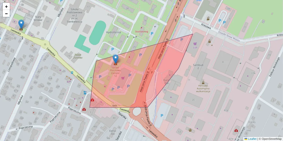 Szczegółowa mapa kodu pocztowego 22-410 z granicami, sąsiednimi kodami pocztowymi i urzędami pocztowymi
