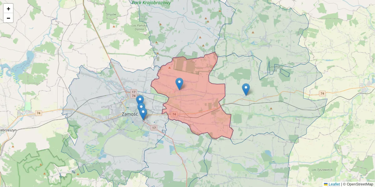 Szczegółowa mapa kodu pocztowego 22-424 z granicami, sąsiednimi kodami pocztowymi i urzędami pocztowymi
