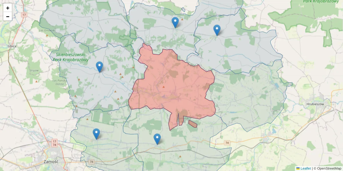 Szczegółowa mapa kodu pocztowego 22-425 z granicami, sąsiednimi kodami pocztowymi i urzędami pocztowymi