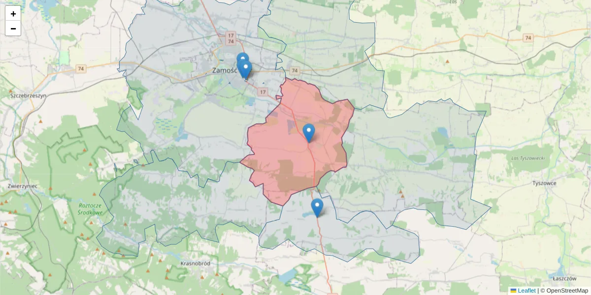 Szczegółowa mapa kodu pocztowego 22-437 z granicami, sąsiednimi kodami pocztowymi i urzędami pocztowymi
