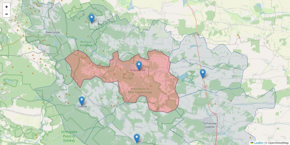 Szczegółowa mapa kodu pocztowego 22-440 z granicami, sąsiednimi kodami pocztowymi i urzędami pocztowymi