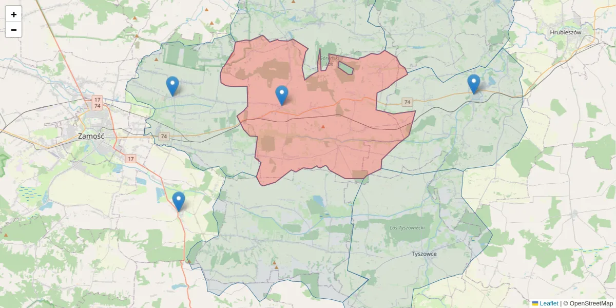 Szczegółowa mapa kodu pocztowego 22-455 z granicami, sąsiednimi kodami pocztowymi i urzędami pocztowymi