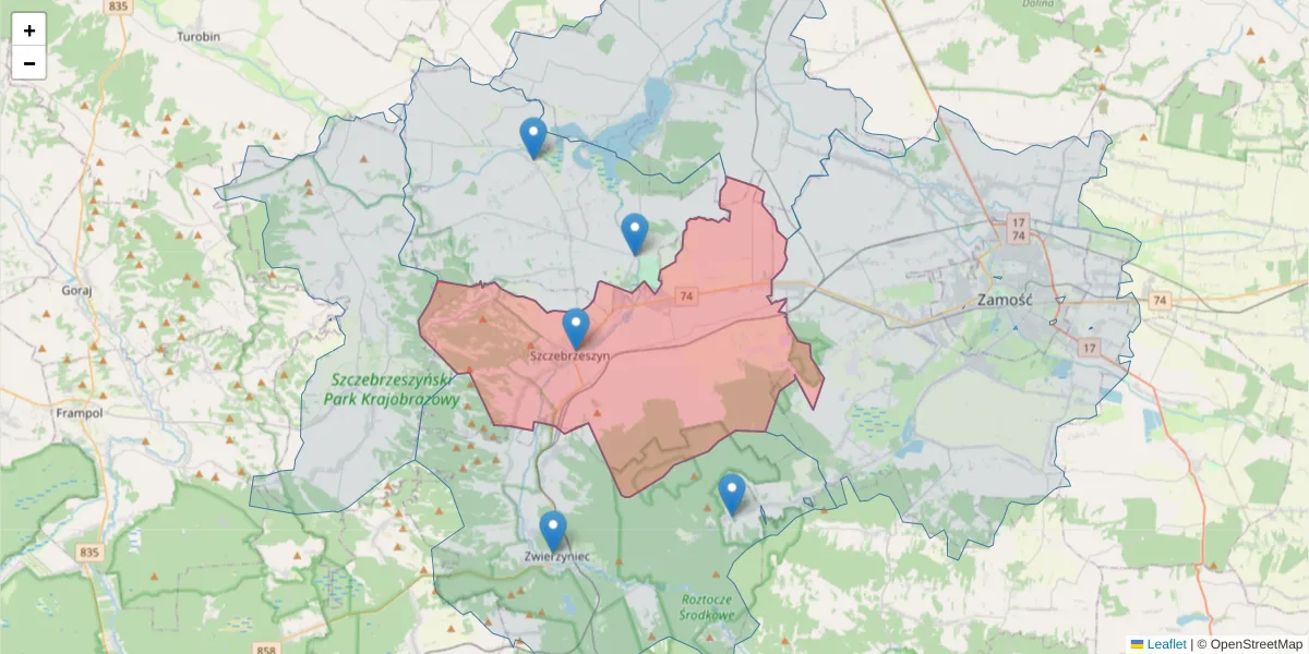 Szczegółowa mapa kodu pocztowego 22-460 z granicami, sąsiednimi kodami pocztowymi i urzędami pocztowymi