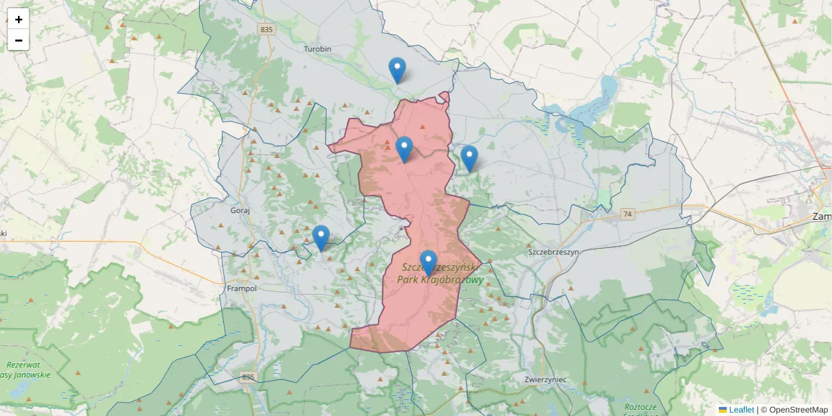 Szczegółowa mapa kodu pocztowego 22-463 z granicami, sąsiednimi kodami pocztowymi i urzędami pocztowymi