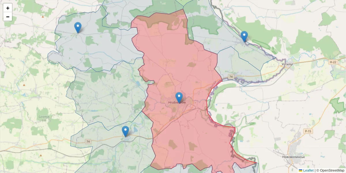 Szczegółowa mapa kodu pocztowego 22-500 z granicami, sąsiednimi kodami pocztowymi i urzędami pocztowymi