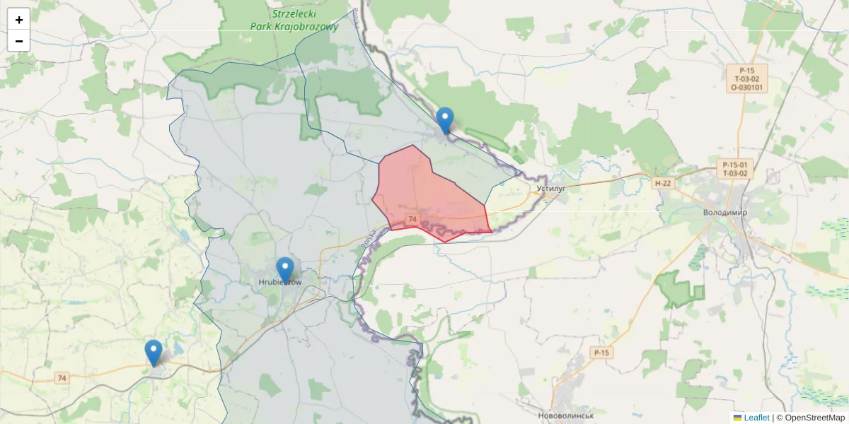 Szczegółowa mapa kodu pocztowego 22-525 z granicami, sąsiednimi kodami pocztowymi i urzędami pocztowymi