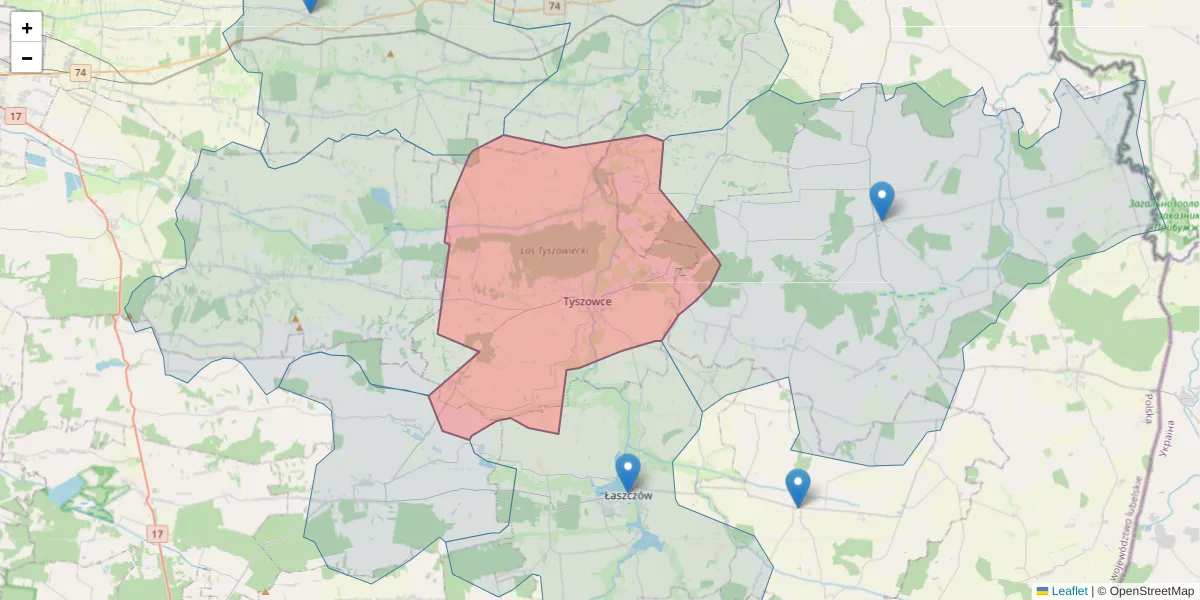 Szczegółowa mapa kodu pocztowego 22-630 z granicami, sąsiednimi kodami pocztowymi i urzędami pocztowymi