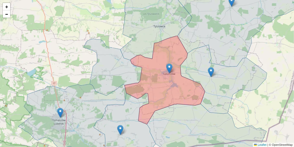 Szczegółowa mapa kodu pocztowego 22-650 z granicami, sąsiednimi kodami pocztowymi i urzędami pocztowymi