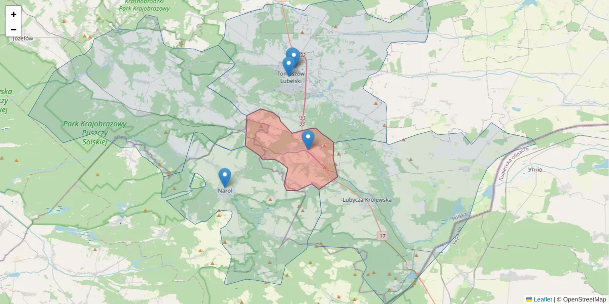 Szczegółowa mapa kodu pocztowego 22-670 z granicami, sąsiednimi kodami pocztowymi i urzędami pocztowymi