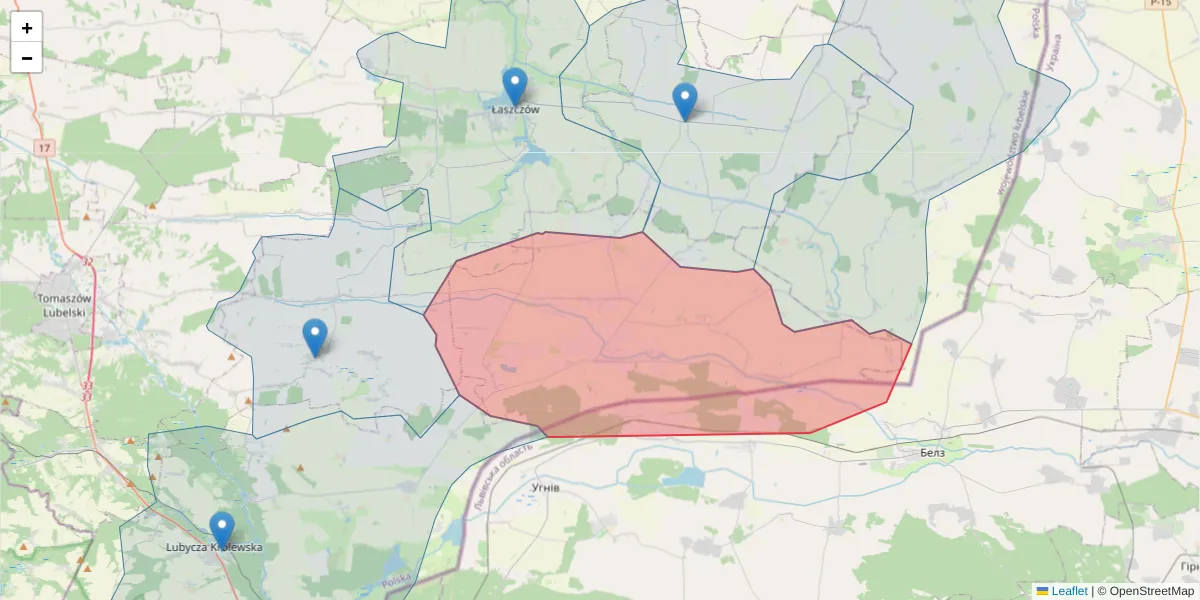 Szczegółowa mapa kodu pocztowego 22-678 z granicami, sąsiednimi kodami pocztowymi i urzędami pocztowymi