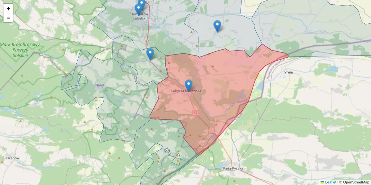 Szczegółowa mapa kodu pocztowego 22-680 z granicami, sąsiednimi kodami pocztowymi i urzędami pocztowymi