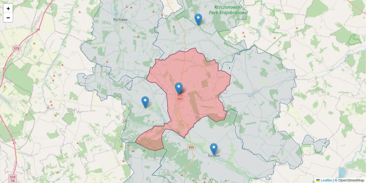 Szczegółowa mapa kodu pocztowego 23-145 z granicami, sąsiednimi kodami pocztowymi i urzędami pocztowymi