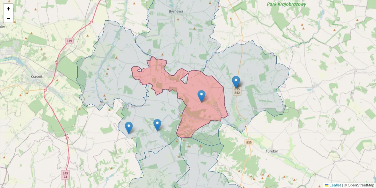Szczegółowa mapa kodu pocztowego 23-155 z granicami, sąsiednimi kodami pocztowymi i urzędami pocztowymi
