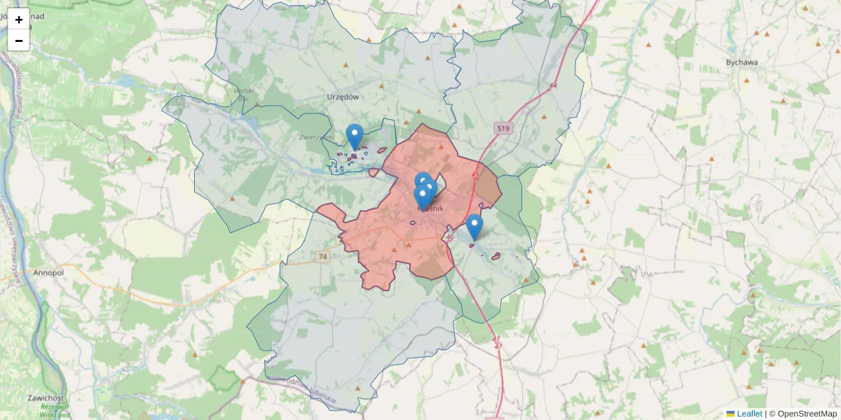 Szczegółowa mapa kodu pocztowego 23-200 z granicami, sąsiednimi kodami pocztowymi i urzędami pocztowymi