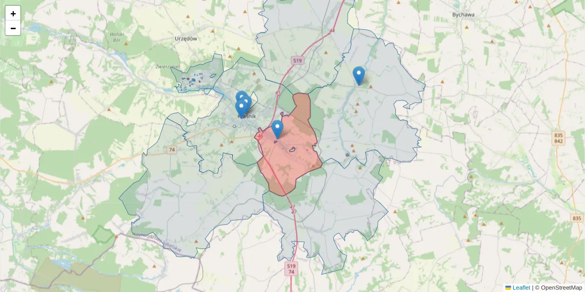 Szczegółowa mapa kodu pocztowego 23-206 z granicami, sąsiednimi kodami pocztowymi i urzędami pocztowymi