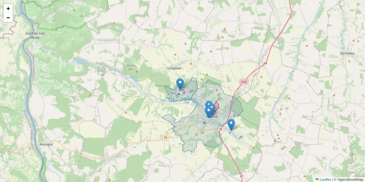 Szczegółowa mapa kodu pocztowego 23-210 z granicami, sąsiednimi kodami pocztowymi i urzędami pocztowymi