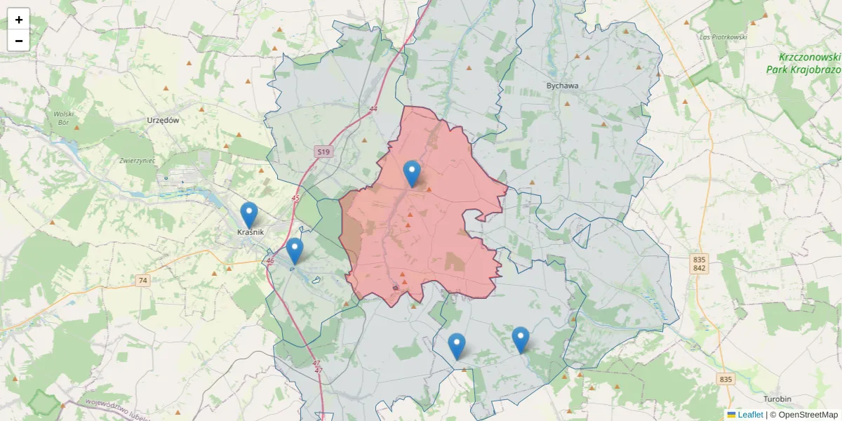 Szczegółowa mapa kodu pocztowego 23-213 z granicami, sąsiednimi kodami pocztowymi i urzędami pocztowymi