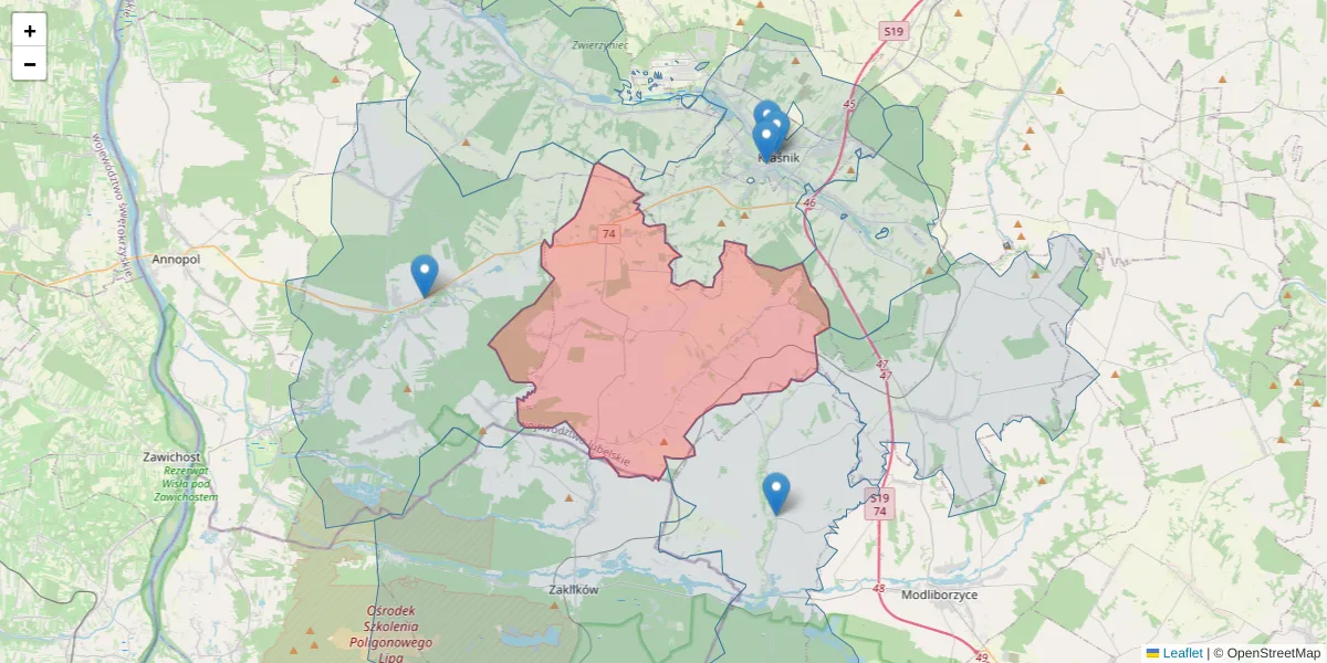Szczegółowa mapa kodu pocztowego 23-230 z granicami, sąsiednimi kodami pocztowymi i urzędami pocztowymi