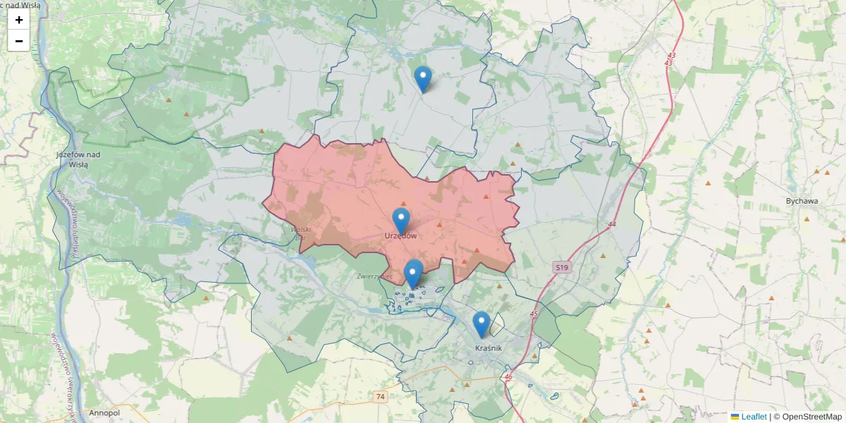 Szczegółowa mapa kodu pocztowego 23-250 z granicami, sąsiednimi kodami pocztowymi i urzędami pocztowymi