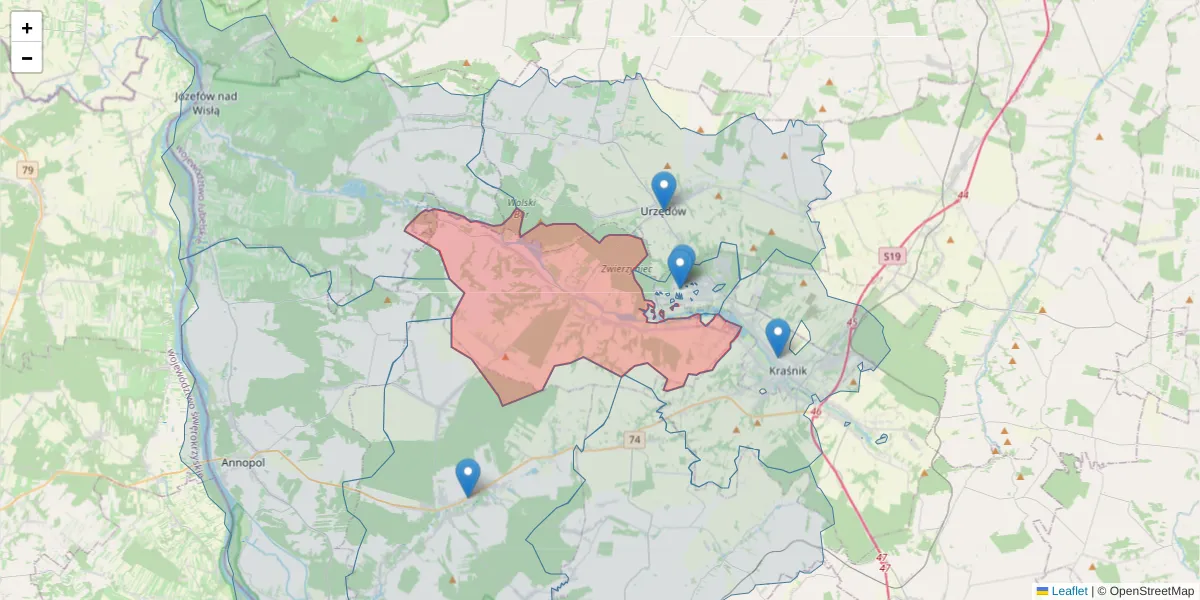 Szczegółowa mapa kodu pocztowego 23-251 z granicami, sąsiednimi kodami pocztowymi i urzędami pocztowymi