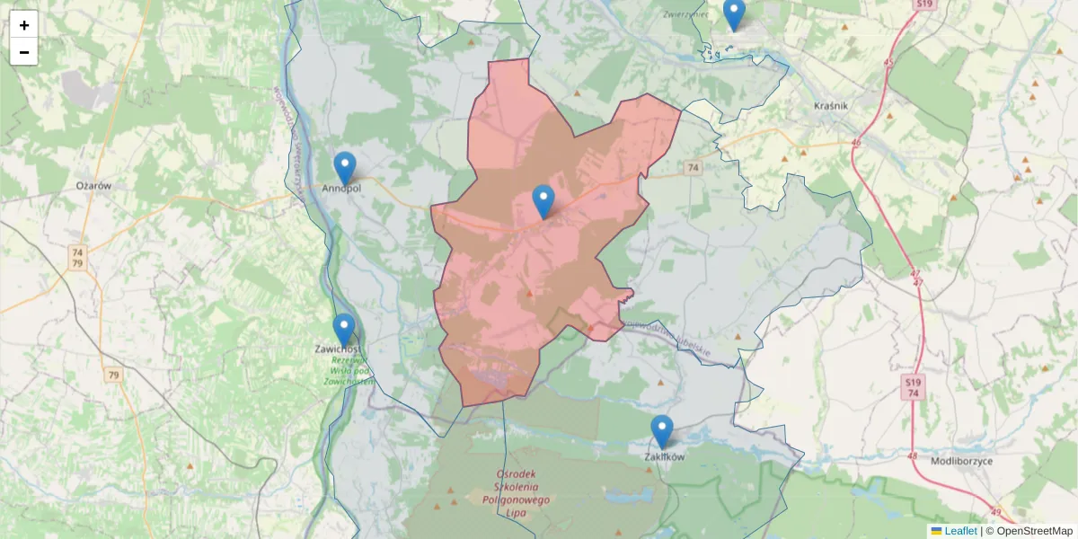 Szczegółowa mapa kodu pocztowego 23-275 z granicami, sąsiednimi kodami pocztowymi i urzędami pocztowymi