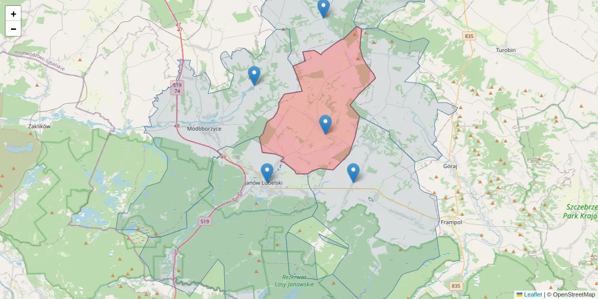 Szczegółowa mapa kodu pocztowego 23-302 z granicami, sąsiednimi kodami pocztowymi i urzędami pocztowymi
