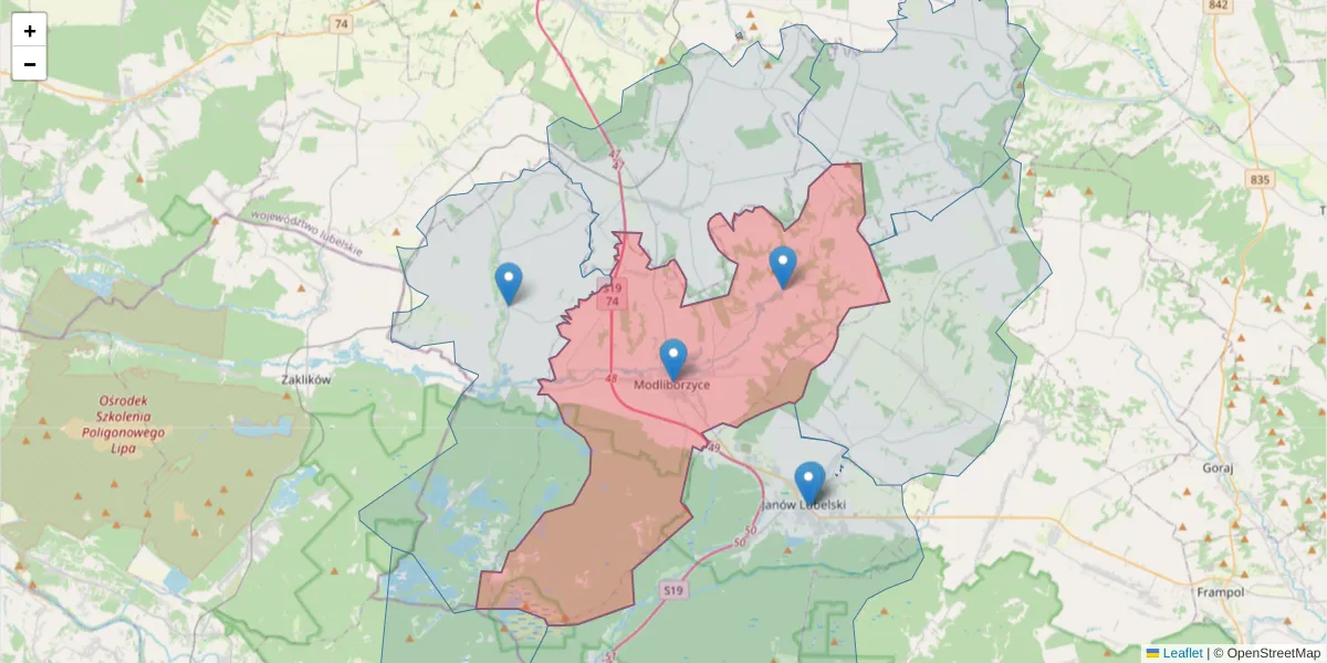 Szczegółowa mapa kodu pocztowego 23-310 z granicami, sąsiednimi kodami pocztowymi i urzędami pocztowymi