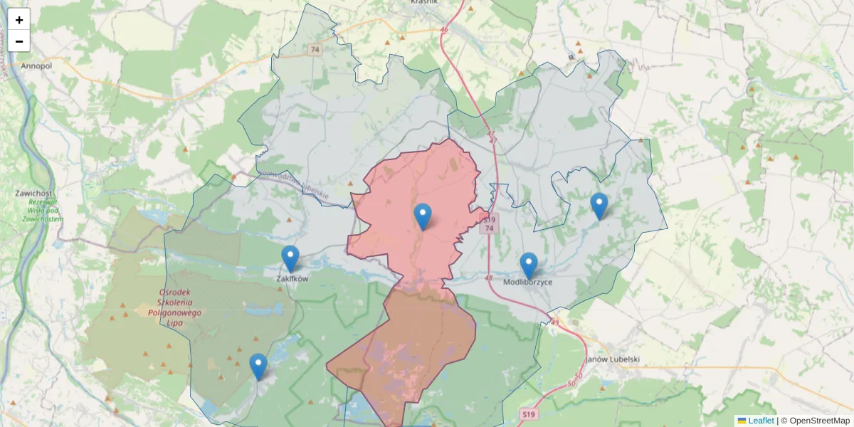 Szczegółowa mapa kodu pocztowego 23-313 z granicami, sąsiednimi kodami pocztowymi i urzędami pocztowymi