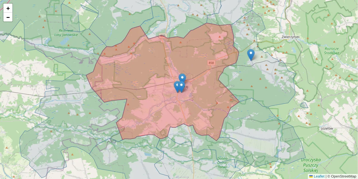 Szczegółowa mapa kodu pocztowego 23-400 z granicami, sąsiednimi kodami pocztowymi i urzędami pocztowymi