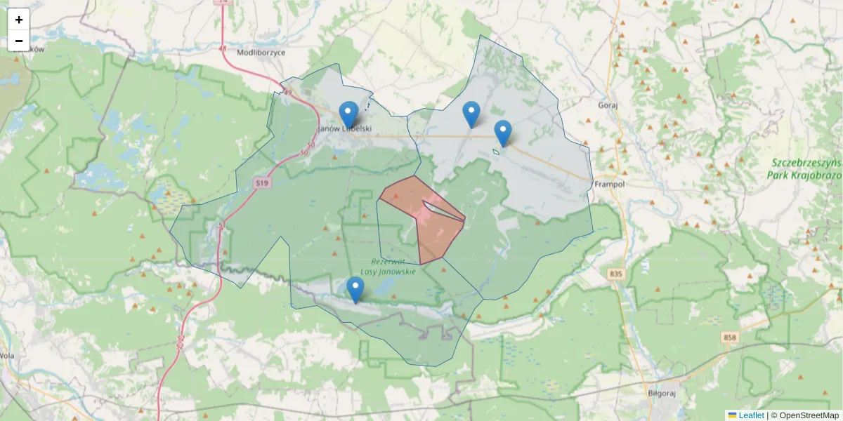 Szczegółowa mapa kodu pocztowego 23-403 z granicami, sąsiednimi kodami pocztowymi i urzędami pocztowymi