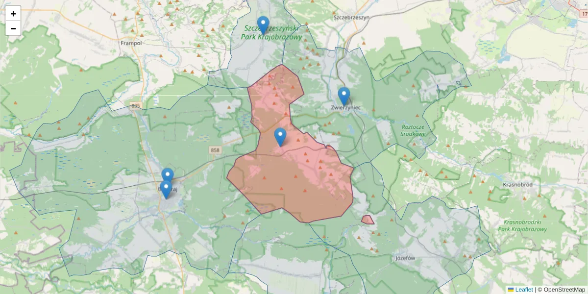 Szczegółowa mapa kodu pocztowego 23-407 z granicami, sąsiednimi kodami pocztowymi i urzędami pocztowymi
