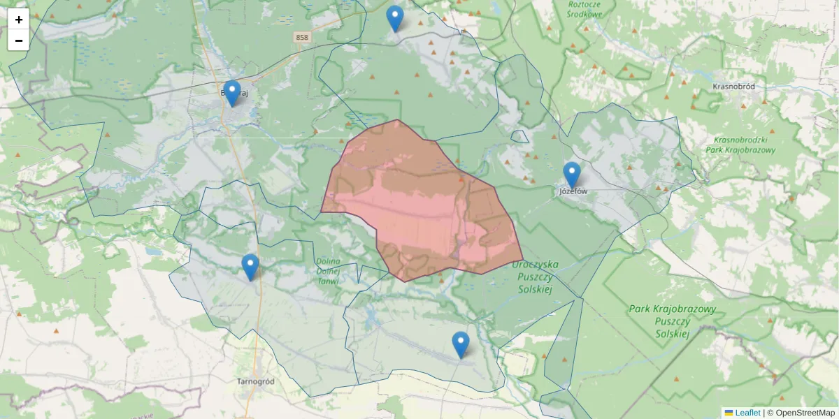 Szczegółowa mapa kodu pocztowego 23-408 z granicami, sąsiednimi kodami pocztowymi i urzędami pocztowymi