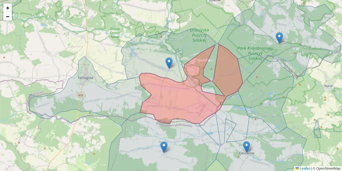 Szczegółowa mapa kodu pocztowego 23-413 z granicami, sąsiednimi kodami pocztowymi i urzędami pocztowymi