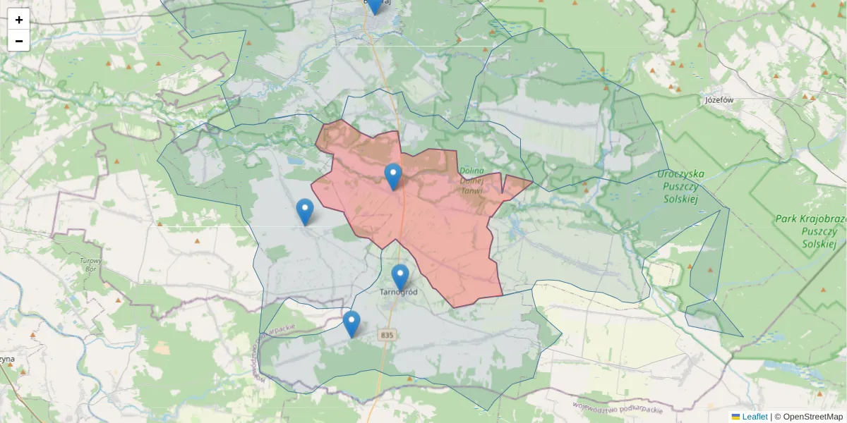 Szczegółowa mapa kodu pocztowego 23-415 z granicami, sąsiednimi kodami pocztowymi i urzędami pocztowymi