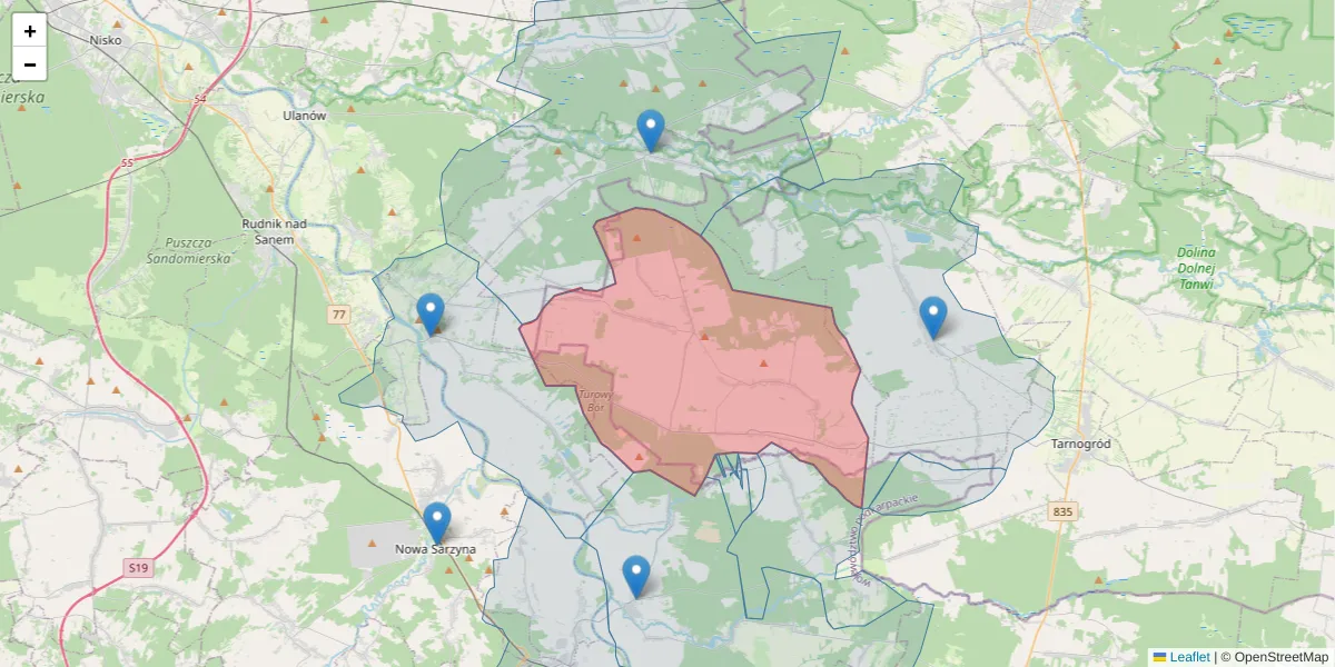 Szczegółowa mapa kodu pocztowego 23-423 z granicami, sąsiednimi kodami pocztowymi i urzędami pocztowymi