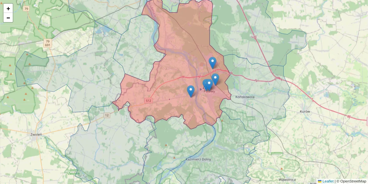 Szczegółowa mapa kodu pocztowego 24-100 z granicami, sąsiednimi kodami pocztowymi i urzędami pocztowymi
