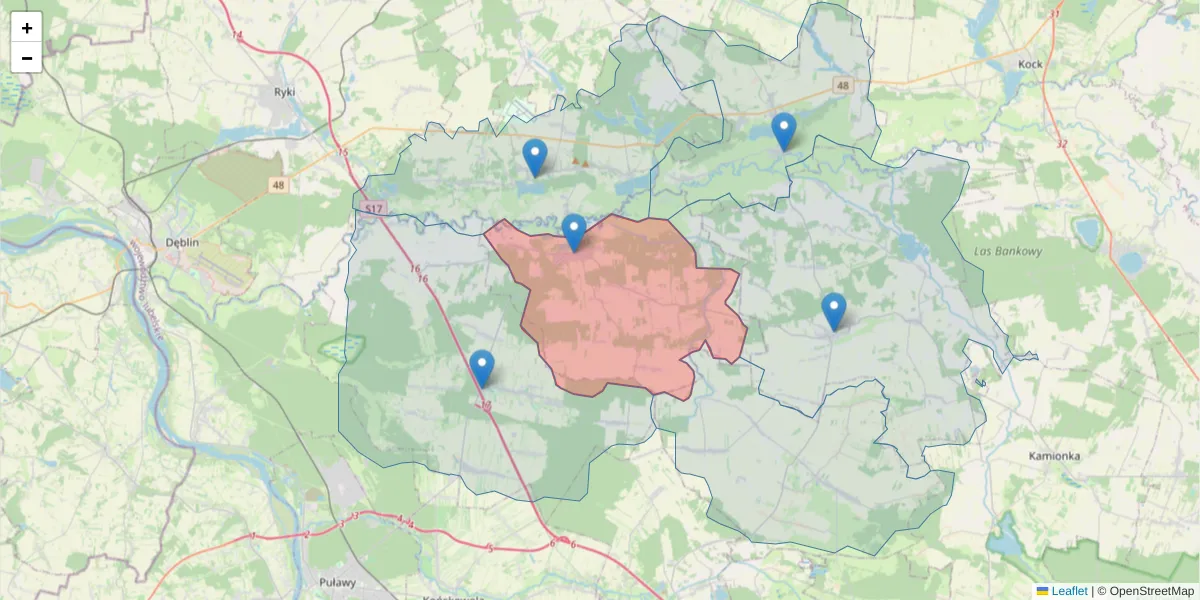 Szczegółowa mapa kodu pocztowego 24-105 z granicami, sąsiednimi kodami pocztowymi i urzędami pocztowymi