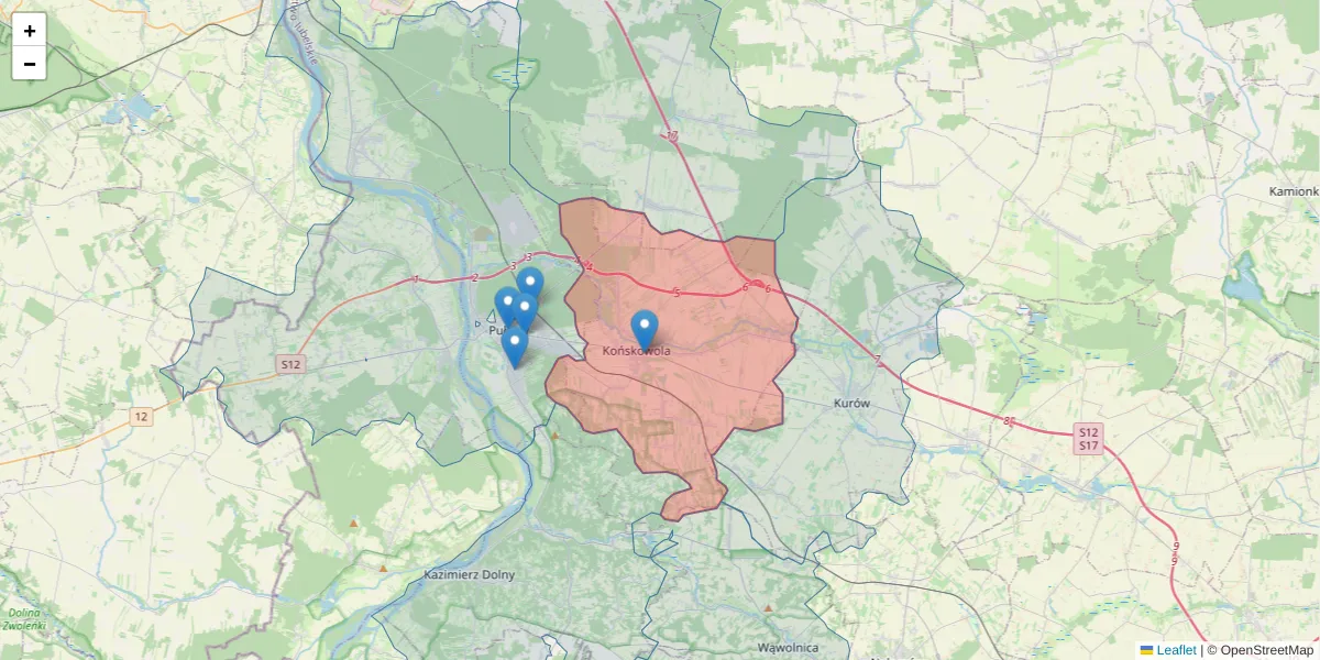 Szczegółowa mapa kodu pocztowego 24-130 z granicami, sąsiednimi kodami pocztowymi i urzędami pocztowymi