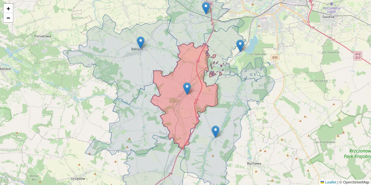 Szczegółowa mapa kodu pocztowego 24-220 z granicami, sąsiednimi kodami pocztowymi i urzędami pocztowymi