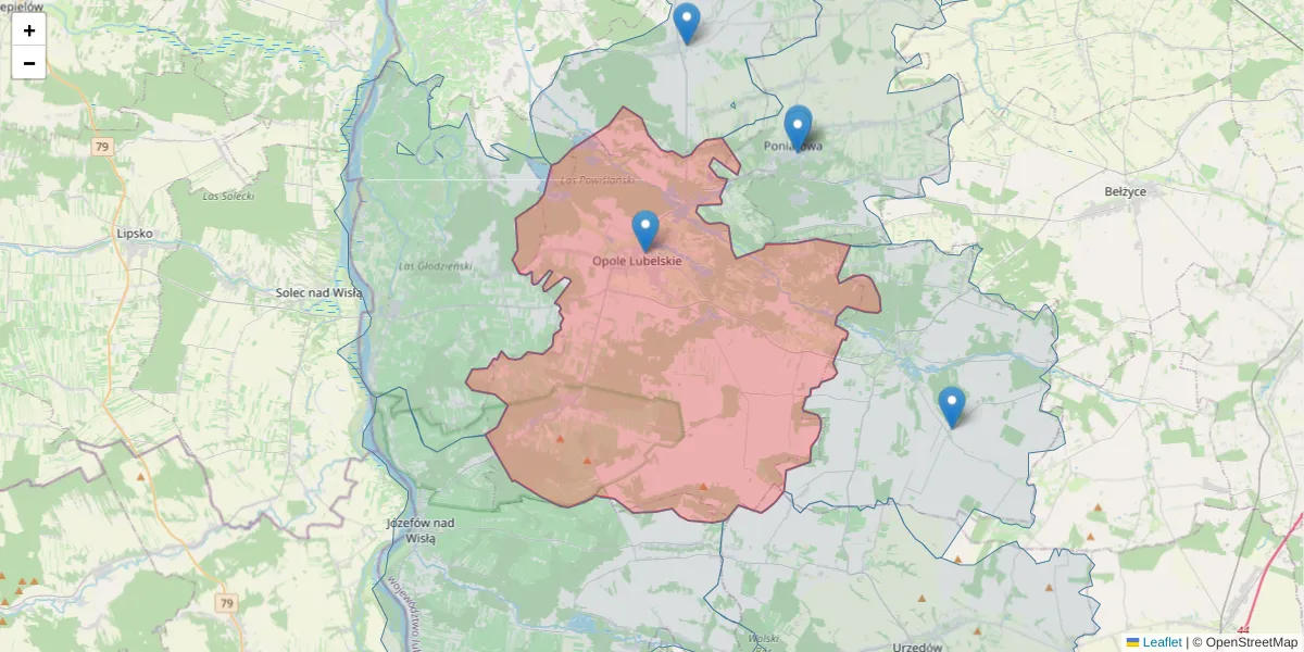Szczegółowa mapa kodu pocztowego 24-300 z granicami, sąsiednimi kodami pocztowymi i urzędami pocztowymi