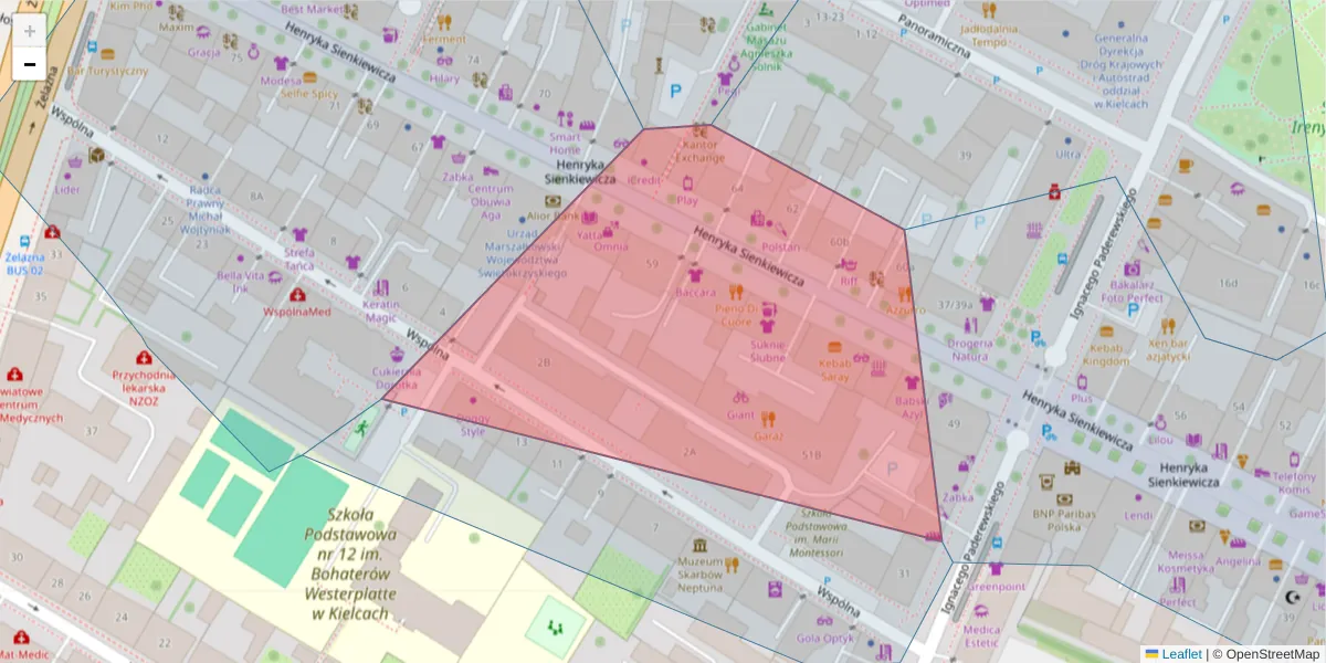 Szczegółowa mapa kodu pocztowego 25-002 z granicami, sąsiednimi kodami pocztowymi i urzędami pocztowymi