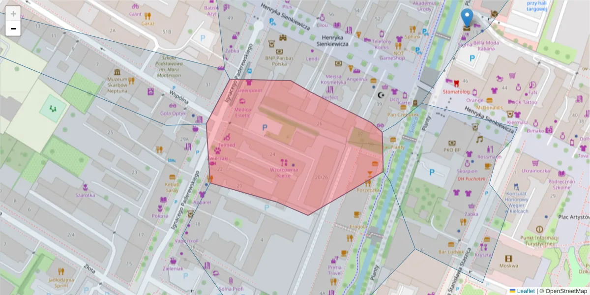 Szczegółowa mapa kodu pocztowego 25-004 z granicami, sąsiednimi kodami pocztowymi i urzędami pocztowymi