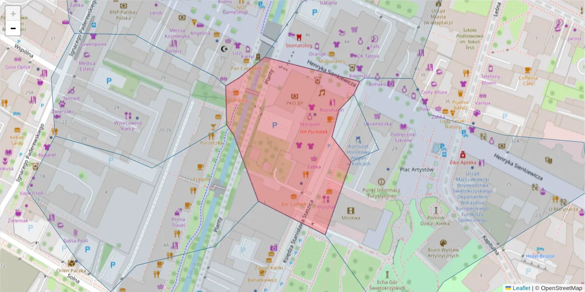 Szczegółowa mapa kodu pocztowego 25-005 z granicami, sąsiednimi kodami pocztowymi i urzędami pocztowymi