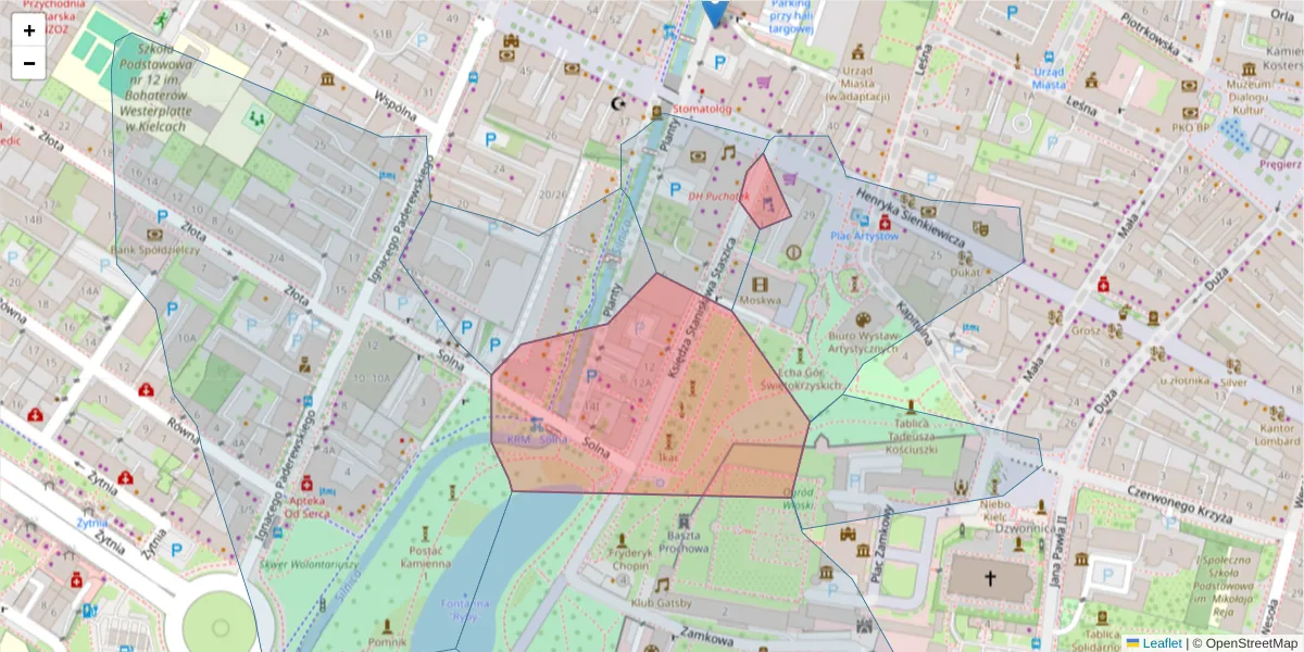 Szczegółowa mapa kodu pocztowego 25-008 z granicami, sąsiednimi kodami pocztowymi i urzędami pocztowymi