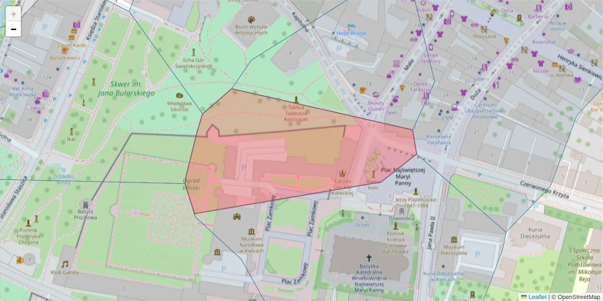 Szczegółowa mapa kodu pocztowego 25-010 z granicami, sąsiednimi kodami pocztowymi i urzędami pocztowymi