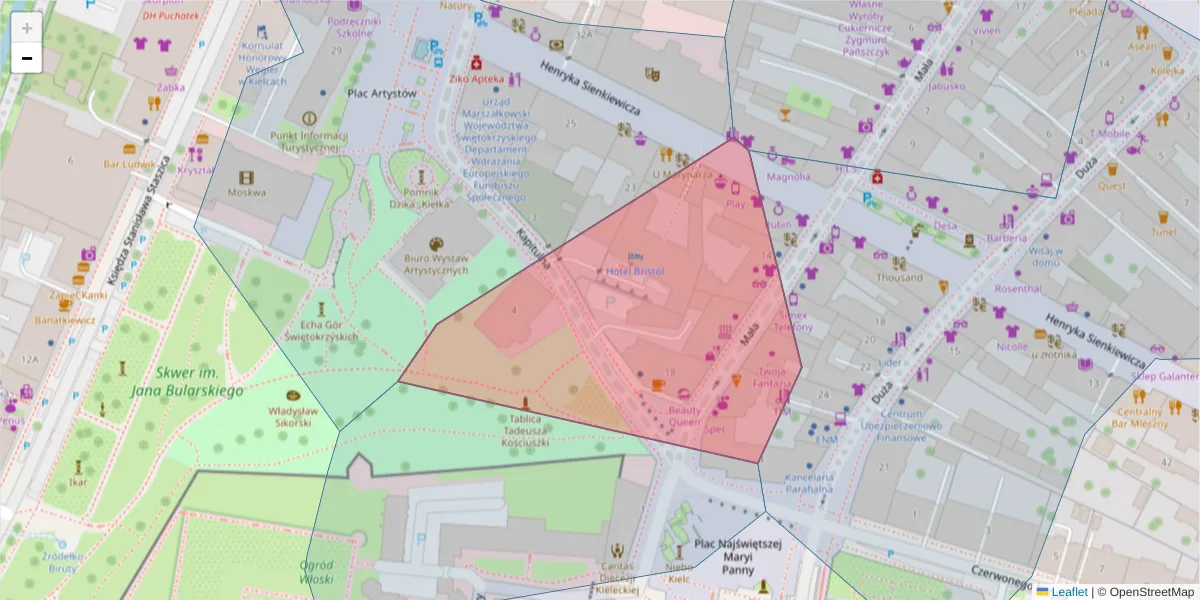 Szczegółowa mapa kodu pocztowego 25-012 z granicami, sąsiednimi kodami pocztowymi i urzędami pocztowymi