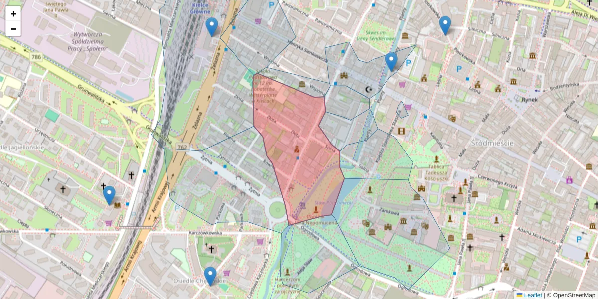 Szczegółowa mapa kodu pocztowego 25-017 z granicami, sąsiednimi kodami pocztowymi i urzędami pocztowymi