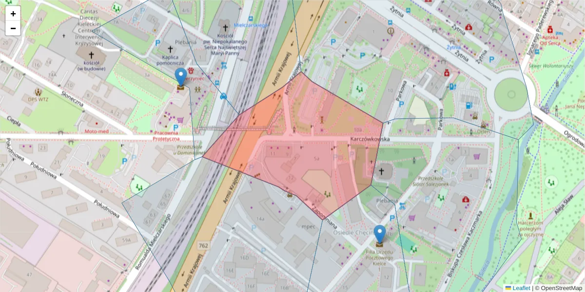 Szczegółowa mapa kodu pocztowego 25-019 z granicami, sąsiednimi kodami pocztowymi i urzędami pocztowymi
