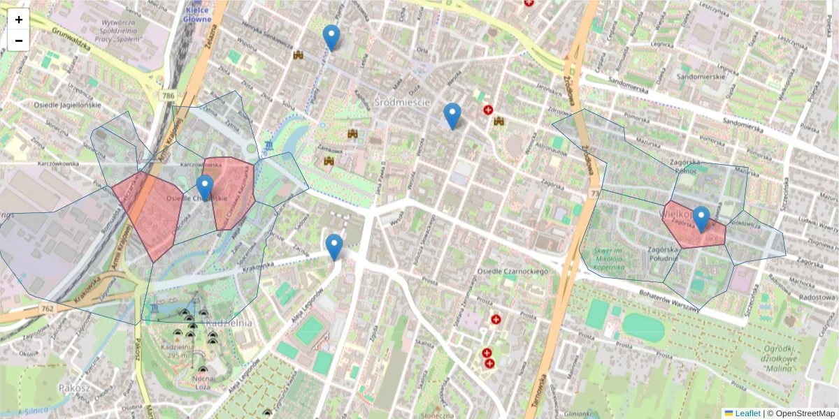 Szczegółowa mapa kodu pocztowego 25-020 z granicami, sąsiednimi kodami pocztowymi i urzędami pocztowymi