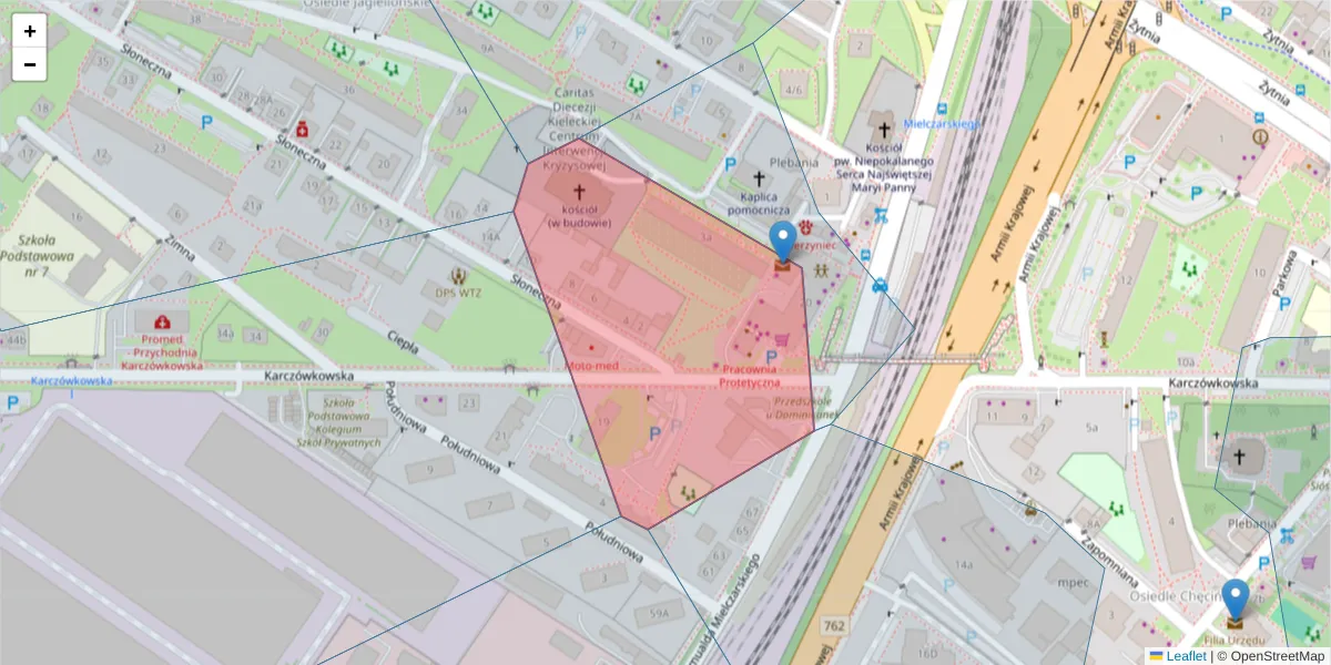 Szczegółowa mapa kodu pocztowego 25-021 z granicami, sąsiednimi kodami pocztowymi i urzędami pocztowymi